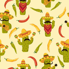 Seamless colorful Mexican pattern with cartoon cactus and chili pepper.