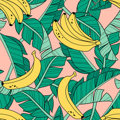 Hand drawn bananas and banana leaves. Seamless vector pattern on pink background. Perfect for fabric, wallpaper or wrapping paper.