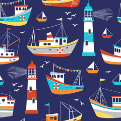 Hand drawn cute fishing boats, seagulls and lighthouses. Seamless vector pattern on dark blue background.