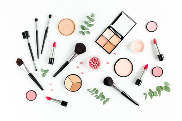 Professional makeup brushes and tools, make-up products set. Flat composition. magazines, social media. Top view. Flat lay.