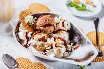 Hausgemachte leckere vanille und schokolade eis mit frischem latte macchiato
