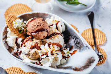 Hausgemachte leckere vanille und schokolade eis mit frischem latte macchiato
