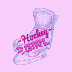 Vector hockey girl lettering. Isolated pink ice hockey skates for woman on light pink background. Ice hockey sports equipment. Hand drawn skates in sketch style.