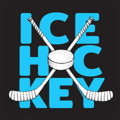 Ice Hockey sticks with puck. Sports illustration on black background. Ice hockey sports equipment. Hand drawn stick in sketch style. Vector for poster, t-shirt, textile.