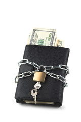 Concept of business safety or financial protection or restriction access. Wallet in chain with padlock isolated on white