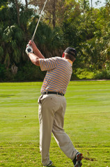 Back view, long distance of a malemiddle aged golfer finishing a swing with an iron golf club  at a tropical, fairway at a private golf club 