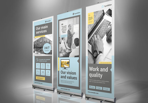 Roll Up Banner Layout with Gray, Yellow, and Pale Blue Accents