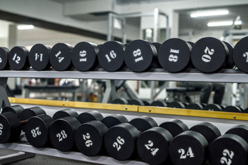 Fototapeta na wymiar Gym interior with equipment of dumbbells in rows