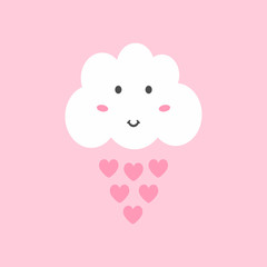 Cute cloud with eyes, smile and blush and raindrops in the shape of hearts.