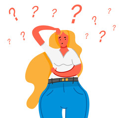 Obraz na płótnie Canvas Thinking young woman. Thoughtful people understand the problem. Pensive business lady find successful solution. Cute character. Illustration in cartoon style. Smart female asks a question.