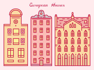 Europe house or apartments. Cute architecture in Netherlands. Neighborhood with classic street and cozy homes for Banner or poster. Building and facades. Doodle sketch Flat style.