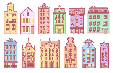 Europe house or apartments Set of Doodle sketch. Cute architecture in Netherlands. Cozy homes for Banner or poster. Building and facades. Flat style.