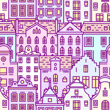 Europe house Seamless pattern. Cute architecture background. Neighborhood with classic apartments and cozy homes for Banner or poster. Doodle sketch. © artbalitskiy