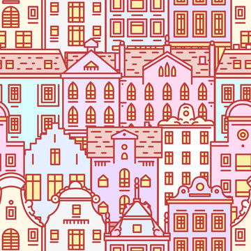 Europe house or apartments Seamless pattern. Cute architecture background. Neighborhood with classic street and cozy homes for Banner or poster. Building and facades. Doodle sketch Flat style. © artbalitskiy