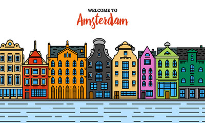 Europe house or apartments. Set of cute architecture in Netherlands. Neighborhood with classic street and cozy homes for Banner or poster. Building and facades. Doodle sketch Flat style.