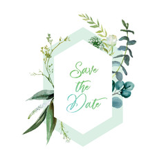 Watercolor floral illustration - leaf frame / wreath, for wedding stationary, greetings, wallpapers, fashion, background. Eucalyptus, olive, green leaves, etc.