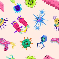 Fotobehang Bacteria characters Seamless pattern. Cartoon Cute germ virus funny infection. Funny bad emotions micro Microbe. Color Monster, pathogen or parasite. © artbalitskiy