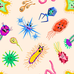 Bacteria characters Seamless pattern. Cartoon Cute germ virus funny infection. Funny bad emotions micro Microbe. Color Monster, pathogen or parasite.