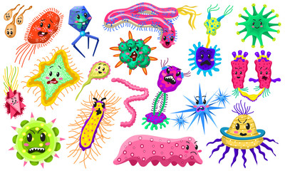 Set of bacteria characters. Cartoon Cute germ virus funny infection. Funny bad emotions micro Microbe. Color Monster, pathogen or parasite.