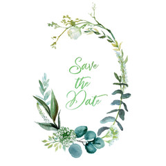 Watercolor floral illustration - leaf frame / wreath, for wedding stationary, greetings, wallpapers, fashion, background. Eucalyptus, olive, green leaves, etc.