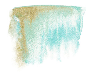 Gold, blue and turquoise watercolor texture design. Brush stroke frame / border. Shimmering modern art. Illustration.