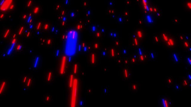 Glowing neon rain abstract background. Beautiful retro 3d animation with blue and red glow lines