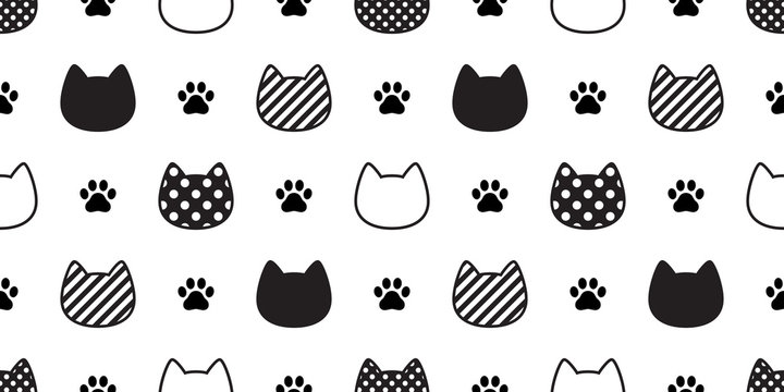 cat seamless pattern vector paw head kitten footprint calico polka dot stripe scarf isolated repeat wallpaper cartoon tile background illustration doodle