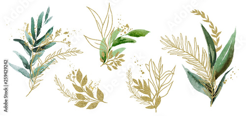 Ecru green and gold print clipping knot and gold foliage