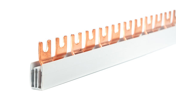 Circuit breaker busbar made of copper, on a white background