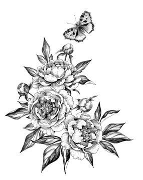 Hand drawn Bunch with Peony and Butterfly