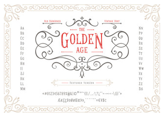 THE GOLDEN AGE - Textured Version Font. Old fashioned vintage design. Authentic type alphabet letters, numbers, punctuation, accent marks. Script art apparel print graphic vector badge, label, logo.