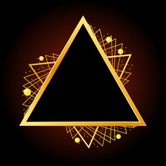 Simple abstract golden geometric shape from intersecting lines, triangle. Decorative element for graphic design, logo, frame. Isolated on black background. Eps10 vector illustration.