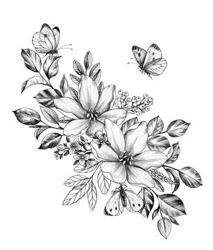 Hand drawn Bunch with Flowers and Butterflies