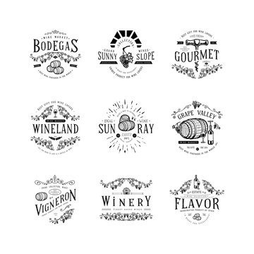 Wine badge. Craft retro vintage design template logo label emblem for wine production poster banner winery. Drawn sketch barrel glass bottle corkscrew graphic vine vector illustration. 