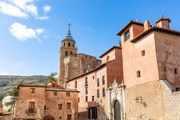 Fototapeta na wymiar typical architecture and the Cathedral in Albarracin town, province of Teruel, Aragon, Spain