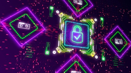 Digital neon padlock symbol on abstract computer interface background.