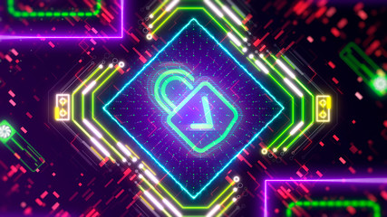 Security and protection. Padlock digital symbol on glitch cyber background.