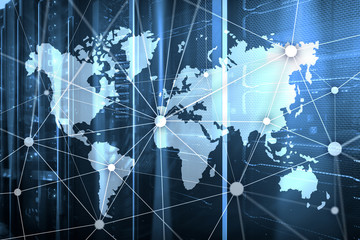 World map with communication network on server room background.
