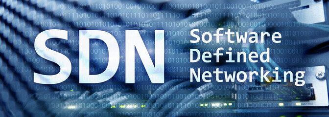 SDN, Software defined networking concept on modern server room background.