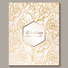 Exquisite royal luxury wedding invitation, gold on white background with frame and place for text, lacy foliage made of roses or peonies with golden shiny gradient.