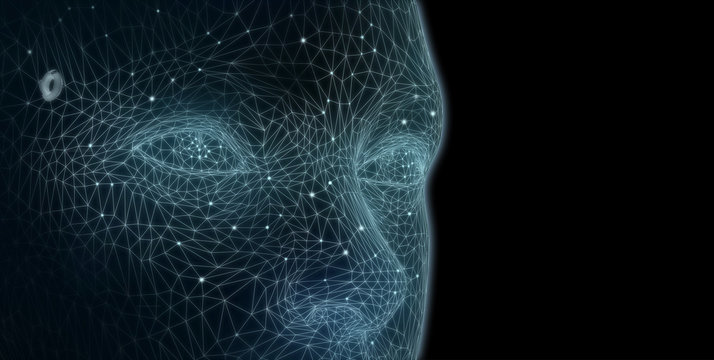 Polygonal human face with lines and dots. Represent artificial intelligence and machine learning concept. 3d render	