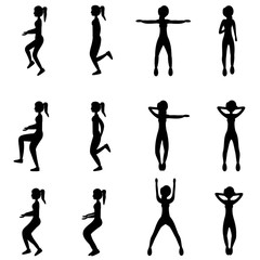 Set of young girls doing exercises in the gym. Beautiful fit woman doing exercises for body warming.  Flat vector illustration. Black silhouette design.