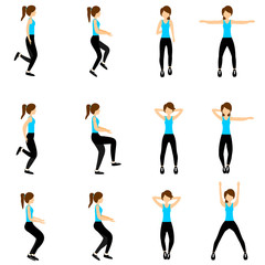 Fototapeta na wymiar Set of young girls doing exercises in the gym. Beautiful fit woman doing exercises for body warming. Full of color flat vector illustration. 