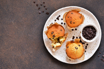 Vanilla muffins in paper form with chocolate drops on a concrete background. View from above.