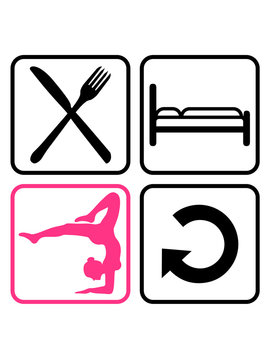 yoga t&auml;glich wiederholen eat sleep repeat schlafen essen gymnastik sport turnen ballette m&auml;dchen frau weiblich tunerin silhouette logo clipart verein
