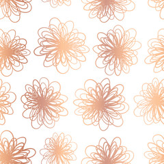 Copper foil flowers seamless vector background. Repeating pattern of rose gold abstract florals. Elegant metallic foliage texture for web banner, decor, wedding celebration, birthday party invitation
