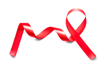 Red ribbon. Word aids day. Vector illustration isolated on white background. Ready for your design. EPS10.	