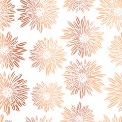 Copper foil Aster Dahlia Flowers elegant seamless vector pattern. Metallic rose gold shiny floral background. Hand drawn feminine art for web banner, cards, wedding celebration, party invitation