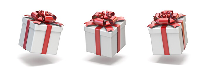 Cube white gift boxes with red ribbon 3D