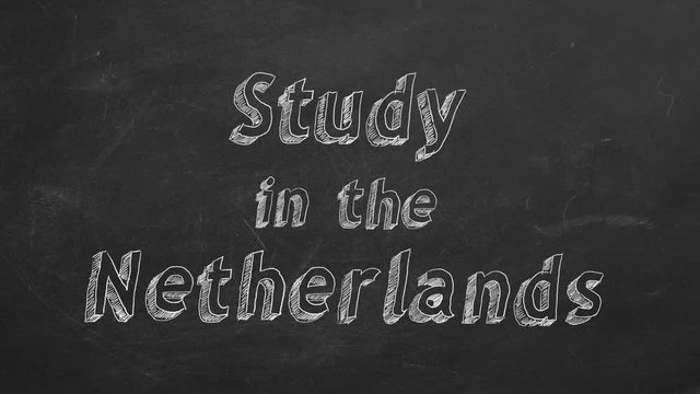 Hand drawing "Study in the Netherlands" on black chalkboard. Stop motion animation.